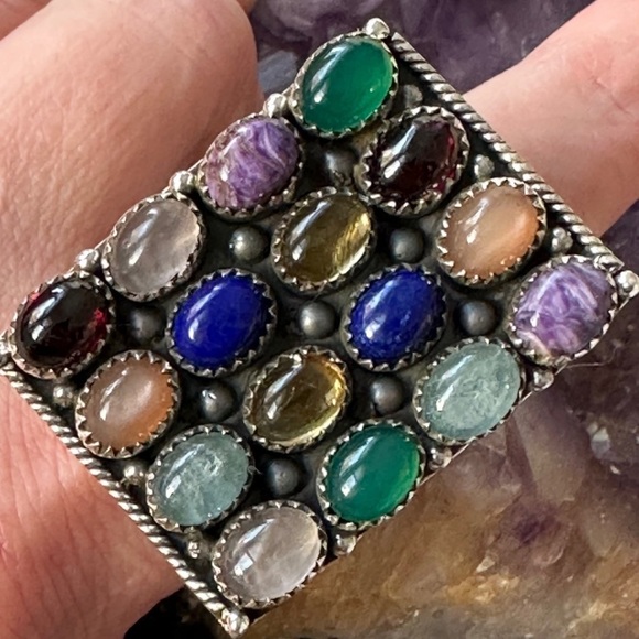 Multi gemstone statement adjustable sterling, silver ring - Picture 4 of 6